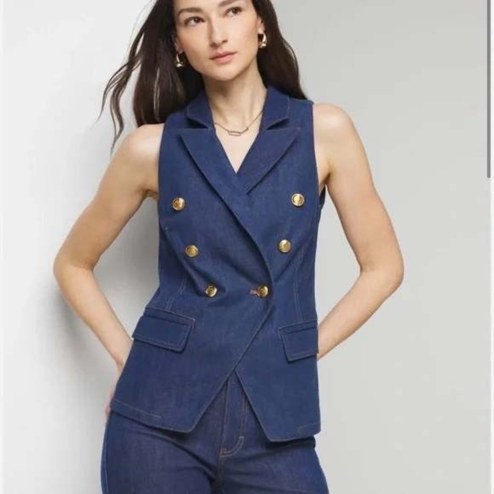 NWT WHITE HOUSE BLACK MARKET Denim Suiting Vest Women's 4 Blue Gold Button WHBM
